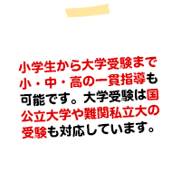 小学生の基礎学力養成から大学受験まで小・中・高の一貫指導も可能です。どの学年も一人一人きめ細やかな指導を徹底し、大学受験でも国公立大学や難関私立大の受験も対応しています。